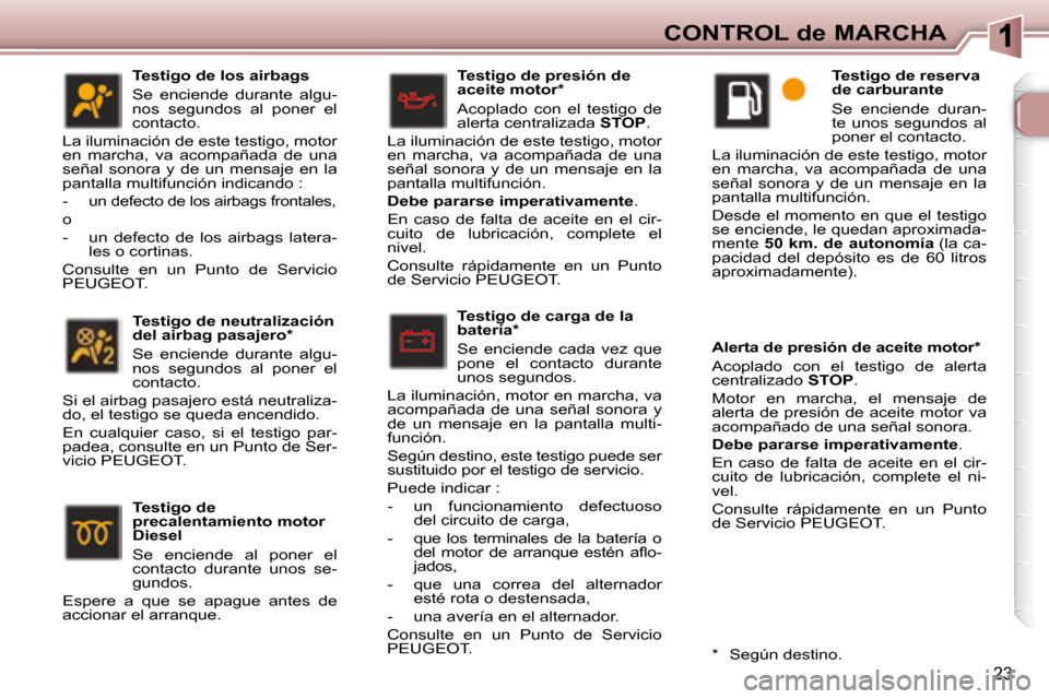 Peugeot 307 SW 2007.5  Manual del propietario (in Spanish) 23
CONTROL de MARCHA
  Testigo de carga de la  
batería *   
 Se  enciende  cada  vez  que  
pone  el  contacto  durante 
unos segundos. 
 La iluminación, motor en marcha, va 
acompañada  de  una  