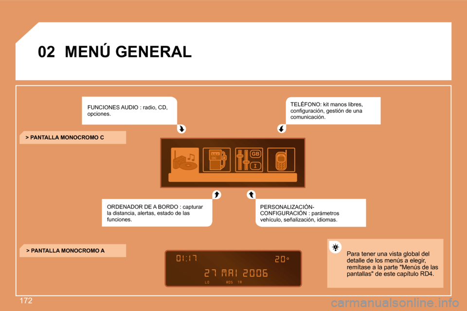 Peugeot 307 SW 2007.5  Manual del propietario (in Spanish) 172
02MENÚ GENERAL
FUNCIONES AUDIO : radio, CD,  
opciones.
ORDENADOR DE A BORDO : capturar 
la distancia, alertas, estado de las 
funciones. TELÉFONO: kit manos libres, 
�c�o�n�i�g�u�r�a�c�i�ó�n�,