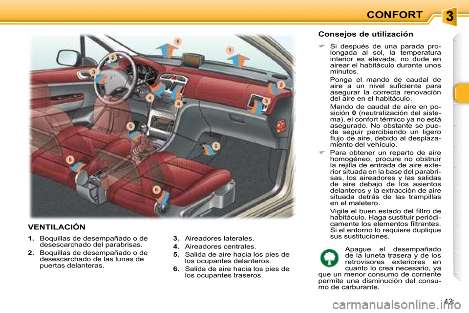 Peugeot 307 SW 2007.5  Manual del propietario (in Spanish) CONFORT
43
   
1.    Boquillas de desempañado o de 
desescarchado del parabrisas. 
  
2.    Boquillas de desempañado o de 
desescarchado de las lunas de  
puertas delanteras.    
3.    Aireadores la