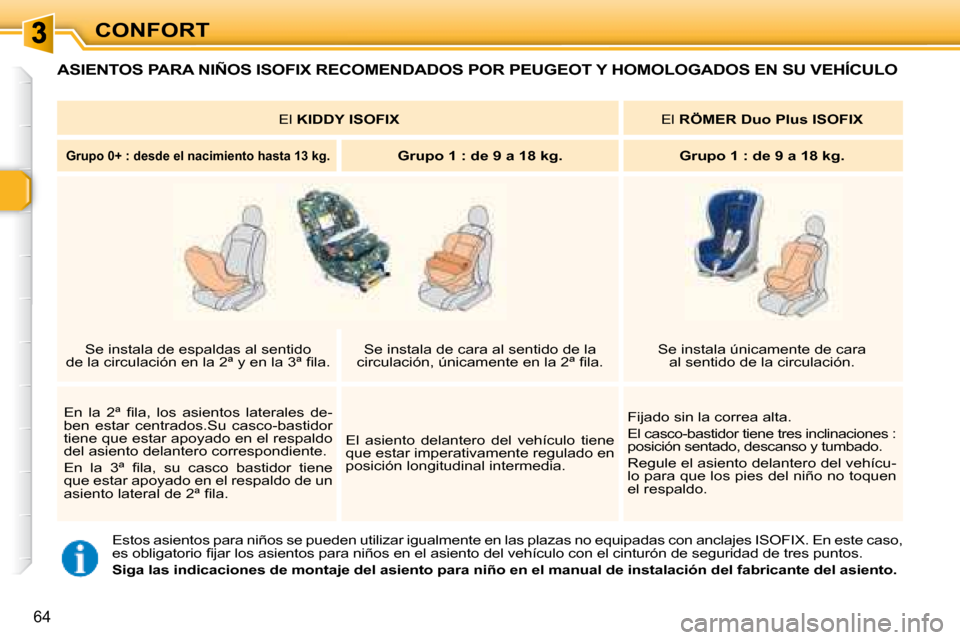 Peugeot 307 SW 2007.5  Manual del propietario (in Spanish) CONFORT
64
 ASIENTOS PARA NIÑOS ISOFIX RECOMENDADOS POR PEUGEOT Y HOMOLOGADOS EN SU VEHÍCULO 
� �E�s�t�o�s� �a�s�i�e�n�t�o�s� �p�a�r�a� �n�i�ñ�o�s� �s�e� �p�u�e�d�e�n� �u�t�i�l�i�z�a�r� �i�g�u�a�l�