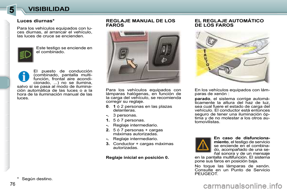 Peugeot 307 SW 2007.5  Manual del propietario (in Spanish) 76
VISIBILIDAD Para  los  vehículos  equipados  con  
lámparas  halógenas,  en  función  de 
la carga del vehículo, se recomienda 
corregir su reglaje.  
  
0  .   1 ó 2 personas en las plazas 
