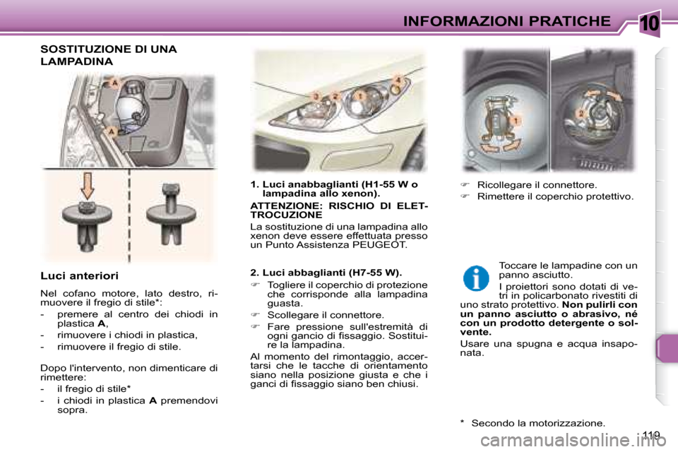 Peugeot 307 SW 2007.5  Manuale del proprietario (in Italian) 10
119
INFORMAZIONI PRATICHE
�	�	�	�1�.�	�	�L�u�c�i�	�a�n�a�b�b�a�g�l�i�a�n�t�i�	�(�H�1�-�5�5�	�W�	�o�	 �l�a�m�p�a�d�i�n�a�	�a�l�l�o�	�x�e�n�o�n�)�.�	
  
�A�T�T�E�N�Z�I�O�N�E�:�	 �R�I�S�C�H�I�O�	 �D�I
