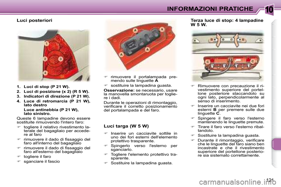 Peugeot 307 SW 2007.5  Manuale del proprietario (in Italian) 10
121
INFORMAZIONI PRATICHE
   
1.     �L�u�c�i�	�d�i�	�s�t�o�p�	�(�P�	�2�1�	�W�)�.   
  
2.     �L�u�c�i�	�d�i�	�p�o�s�i�z�i�o�n�e�	�(�x�	�2�)�	�(�R�	�5�	�W�)�.   
  
3.     �I�n�d�i�c�a�t�o�r�i�	�d