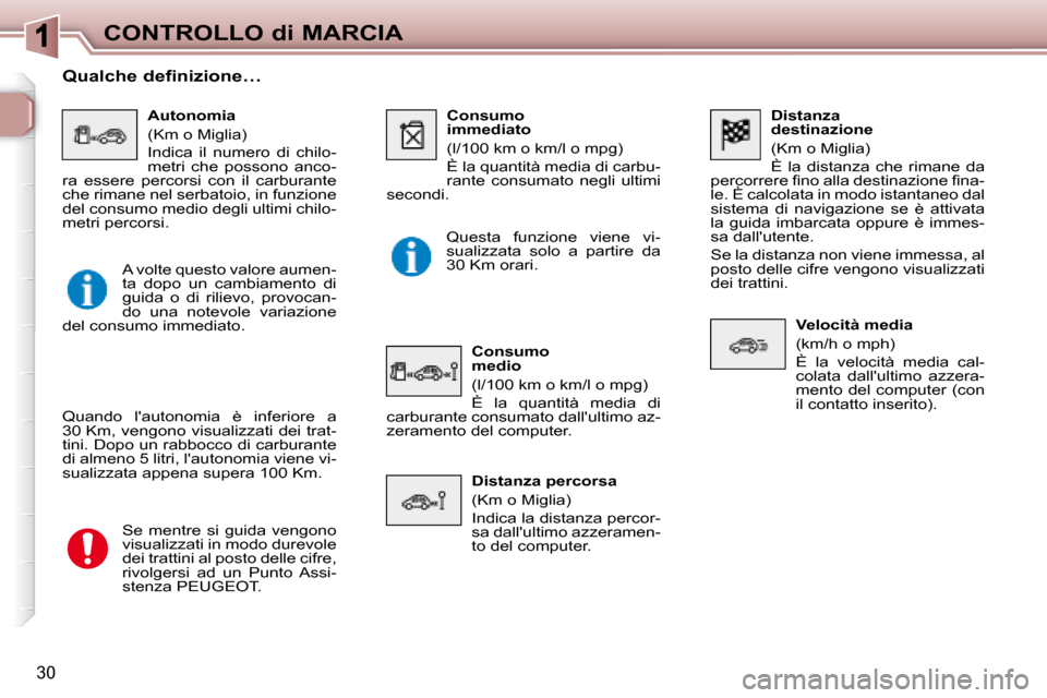 Peugeot 307 SW 2007.5  Manuale del proprietario (in Italian) 30
CONTROLLO di MARCIA   Distanza 
destinazione  
 (Km o Miglia)  
 È  la  distanza  che  rimane  da 
�p�e�r�c�o�r�r�e�r�e� �i� �n�o� �a�l�l�a� �d�e�s�t�i�n�a�z�i�o�n�e� �i� �n�a�- 
le. È calcolata 