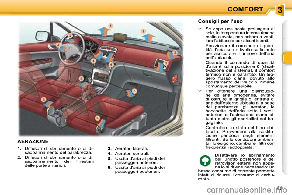 Peugeot 307 SW 2007.5  Manuale del proprietario (in Italian) COMFORT
43
   
1.    Diffusori  di  sbrinamento  o  di  di-
sappannamento del parabrezza. 
  
2.    Diffusori  di  sbrinamento  o  di  di-
�s�a�p�p�a�n�n�a�m�e�n�t�o�  �d�e�i�  �i� �n�e�s�t�r�i�n�i�  