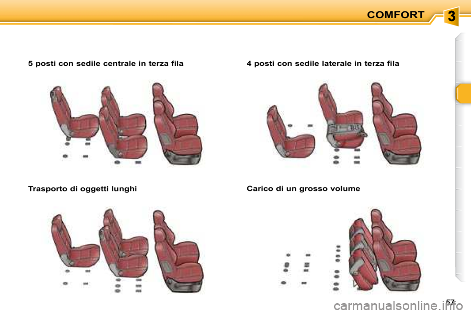 Peugeot 307 SW 2007.5  Manuale del proprietario (in Italian) COMFORT
�	�	�	�5�	�p�o�s�t�i�	�c�o�n�	�s�e�d�i�l�e�	�c�e�n�t�r�a�l�e�	�i�n�	�t�e�r�z�a�	�f�i�l�a�	�	�	�	�	 
�	�	�	�T�r�a�s�p�o�r�t�o�	�d�i�	�o�g�g�e�t�t�i�	�l�u�n�g�h�i�	�	�	�	�	�	�4�	�p�o�s�t�i�	�c�o