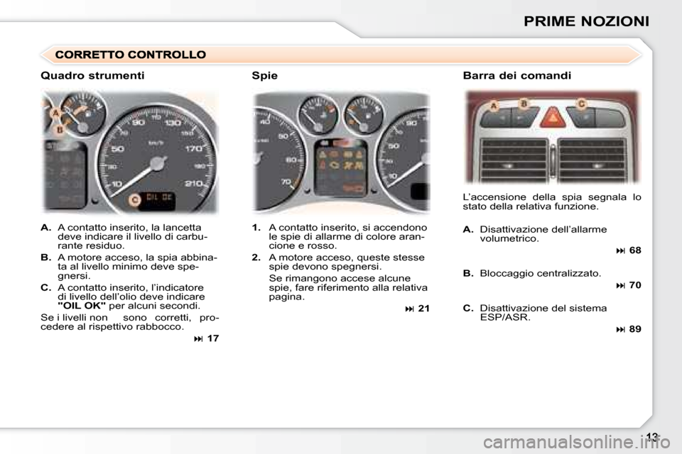 Peugeot 307 SW 2007.5  Manuale del proprietario (in Italian) PRIME NOZIONI
A.  A contatto inserito, la lancetta 
deve indicare il livello di carbu- 
rante residuo.
B.   A motore acceso, la spia abbina-
ta al livello minimo deve spe-
gnersi.
C.   A contatto inse