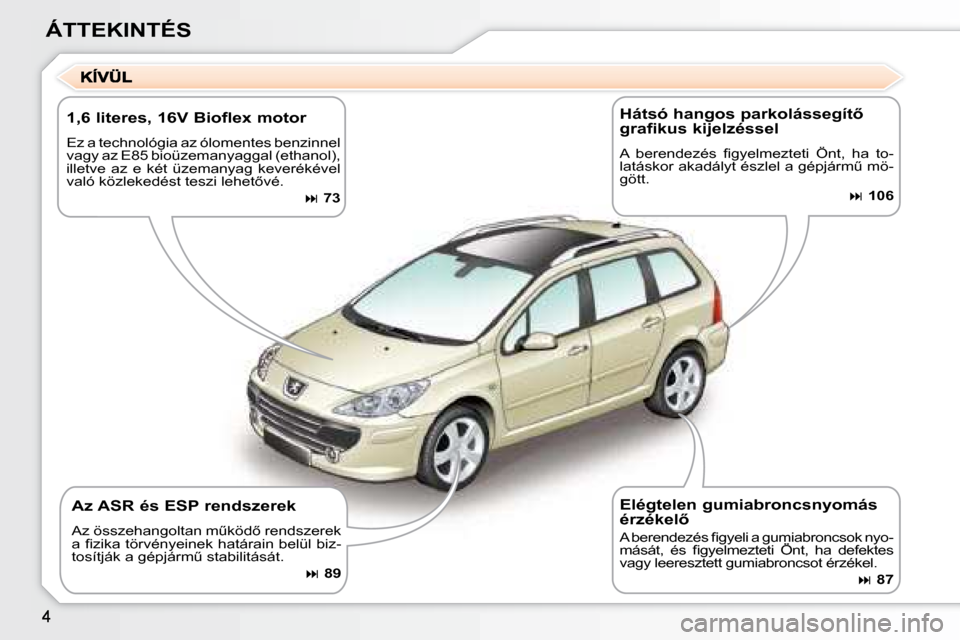 Peugeot 307 SW 2007.5  Kezelési útmutató (in Hungarian) ÁTTEKINTÉS
1,6 literes, 16V Bioflex motor
Ez a technológia az ólomentes benzinnel �v�a�g�y� �a�z� �E�8�5� �b�i�o�ü�z�e�m�a�n�y�a�g�g�a�l� �(�e�t�h�a�n�o�l�)�,� illetve  az  e  két  üzemanyag  k