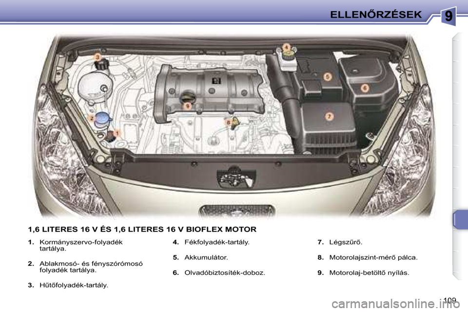 Peugeot 307 SW 2007.5  Kezelési útmutató (in Hungarian) 109
�E�L�L�E�N4�R�Z�É�S�E�K
   
1.    Kormányszervo-folyadék 
tartálya. 
  
2.    Ablakmosó- és fényszórómosó 
folyadék tartálya. 
  
3. � �  �HC�t5�f�o�l�y�a�d�é�k�-�t�a�r�t�á�l�y�.�