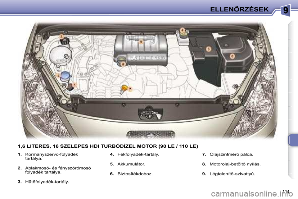 Peugeot 307 SW 2007.5  Kezelési útmutató (in Hungarian) 111
�E�L�L�E�N4�R�Z�É�S�E�K
   
1.       Kormányszervo-folyadék 
tartálya . 
  
2.       Ablakmosó- és fényszórómosó 
folyadék tartálya . 
  
3. � �  � �HC�t5�f�o�l�y�a�d�é�k�-�t�a�r�t