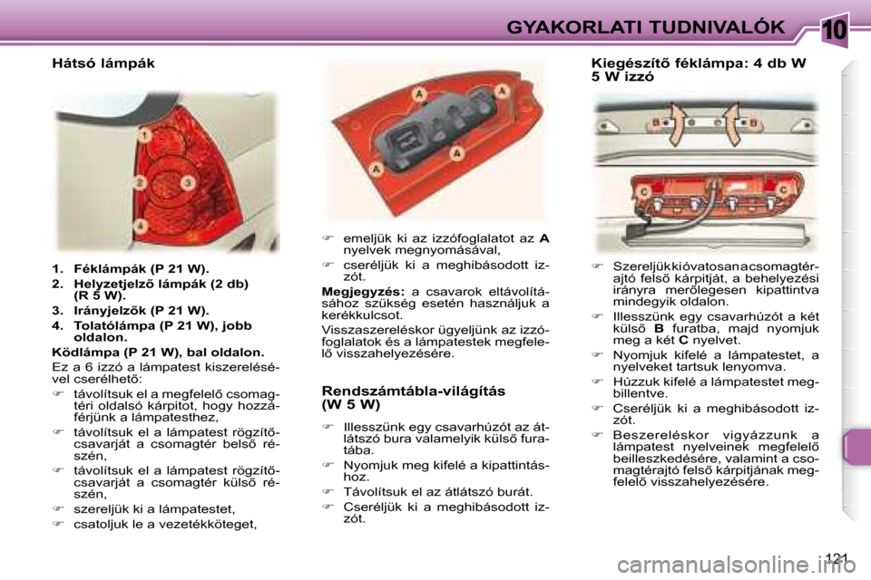 Peugeot 307 SW 2007.5  Kezelési útmutató (in Hungarian) 10
121
GYAKORLATI TUDNIVALÓK
   
1.     �F�é�k�l�á�m�p�á�k�	�(�P�	�2�1�	�W�)�.   
  
2.     �H�e�l�y�z�e�t�j�e�l�z5�	�l�á�m�p�á�k�	�(�2�	�d�b�)�	 
�(�R�	�5�	�W�)�.   
  
3.     �I�r�á�n�y�j�e�