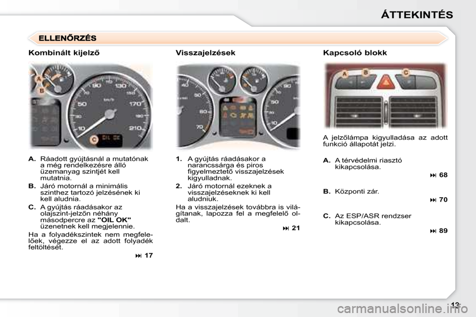 Peugeot 307 SW 2007.5  Kezelési útmutató (in Hungarian) ÁTTEKINTÉS
A.  Ráadott gyújtásnál a mutatónak 
a még rendelkezésre álló  
üzemanyag szintjét kell 
mutatnia.
B.   Járó motornál a minimális 
szinthez tartozó jelzésének ki 
kell al