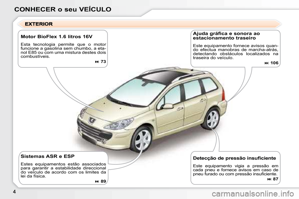 Peugeot 307 SW 2007.5  Manual do proprietário (in Portuguese) CONHECER o seu VEÍCULO
  Motor BioFlex 1.6 litros 16V  
 Esta  tecnologia  permite  que  o  motor  
funcione a gasolina sem chumbo, a eta-
nol E85 ou com uma mistura destes dois 
combustíveis.    
�