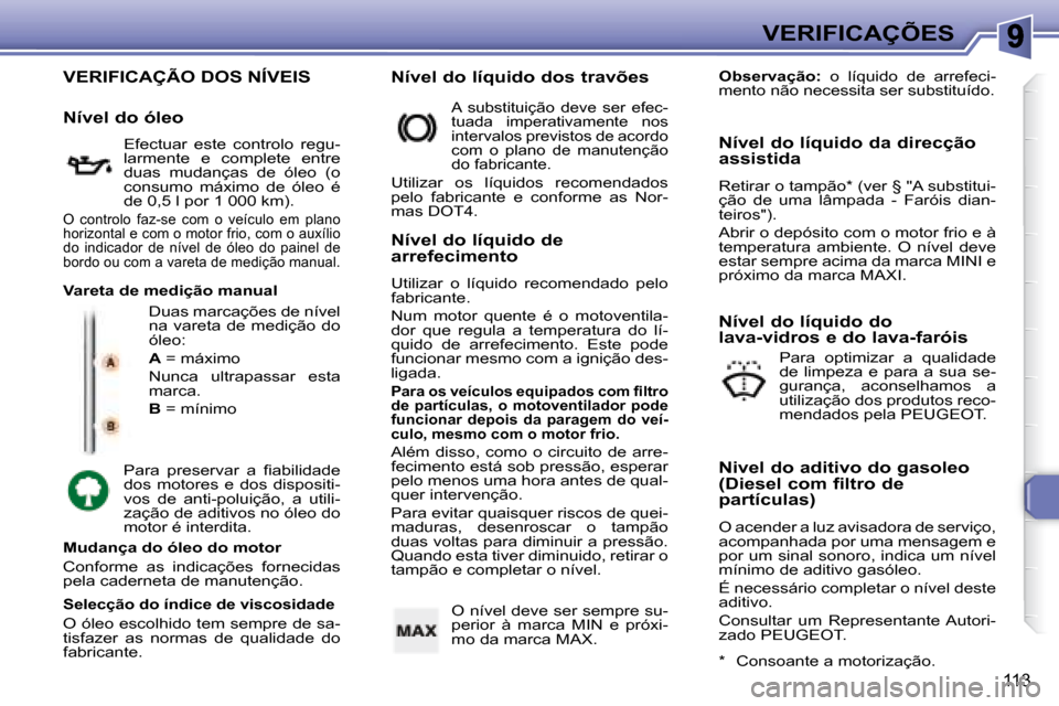 Peugeot 307 SW 2007.5  Manual do proprietário (in Portuguese) 113
VERIFICAÇÕES
   VERIFICAÇÃO DOS NÍVEIS 
 Duas marcações de nível  
na  vareta  de  medição  do 
óleo:  
  
A � � �=� �m�á�x�i�m�o� � 
 Nunca  ultrapassar  esta  
marca.  
  
B   = mín