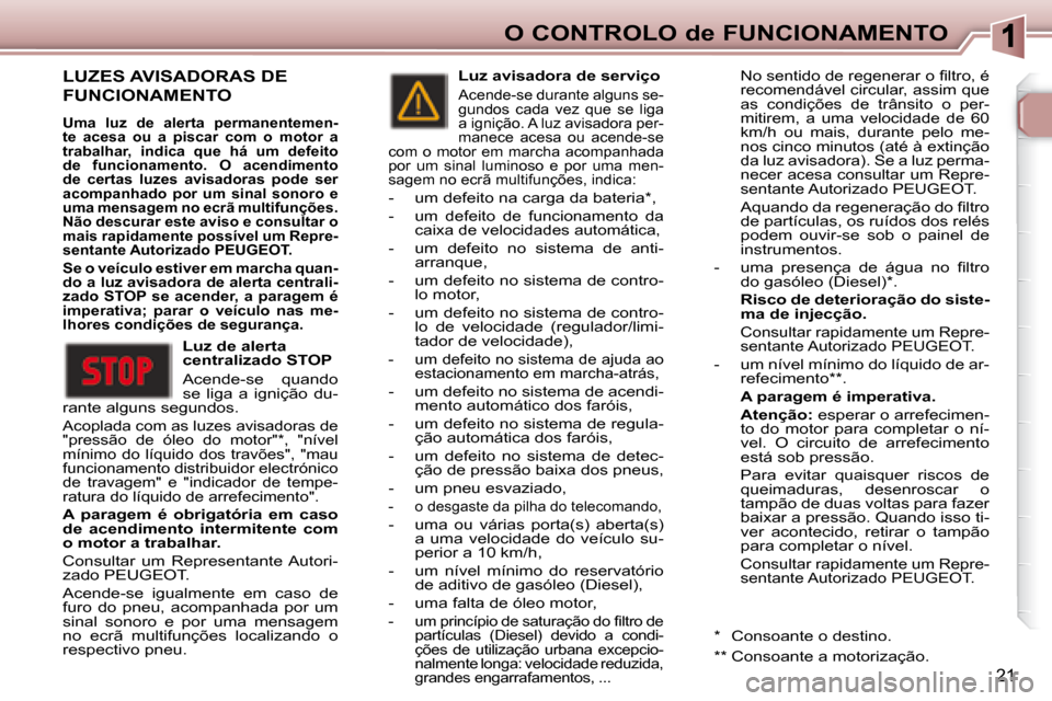 Peugeot 307 SW 2007.5 Manual do proprietário (in Portuguese) 21
O CONTROLO de FUNCIONAMENTO
LUZES AVISADORAS DE
FUNCIONAMENTO
Uma luz de alerta permanentemen-
te acesa ou a piscar com o motor a
trabalhar, indica que há um defeito
de f Peugeot 307 SW 2007.5 Manual do proprietário (in Portuguese) 21
O CONTROLO de FUNCIONAMENTO
LUZES AVISADORAS DE
FUNCIONAMENTO
Uma luz de alerta permanentemen-
te acesa ou a piscar com o motor a
trabalhar, indica que há um defeito
de f