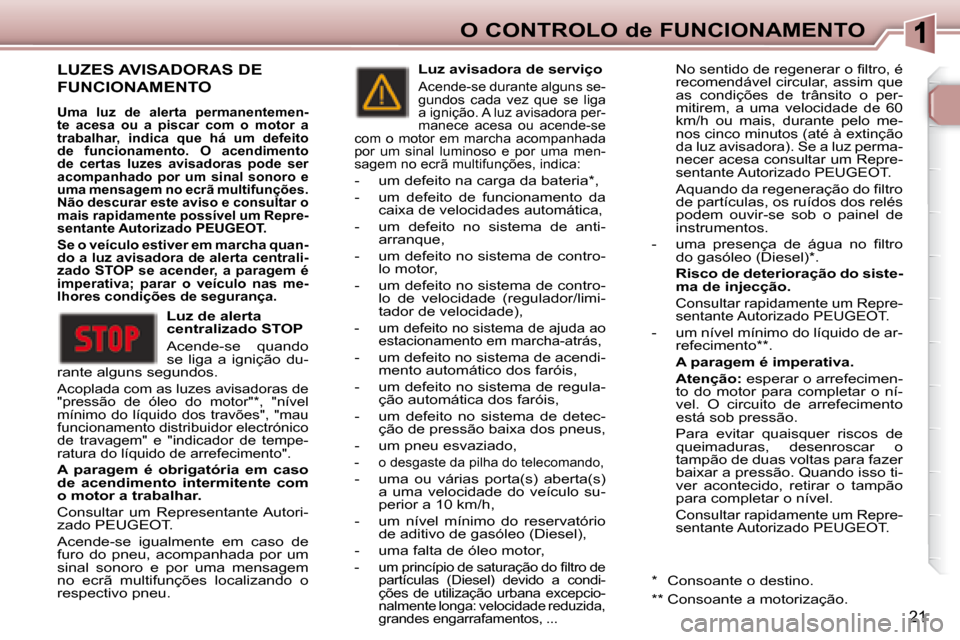 Peugeot 307 SW 2007.5  Manual do proprietário (in Portuguese) 21
O CONTROLO de FUNCIONAMENTO
 LUZES AVISADORAS DE
FUNCIONAMENTO 
  
Uma  luz  de  alerta  permanentemen- 
te  acesa  ou  a  piscar  com  o  motor  a 
trabalhar,  indica  que  há  um  defeito 
de  f