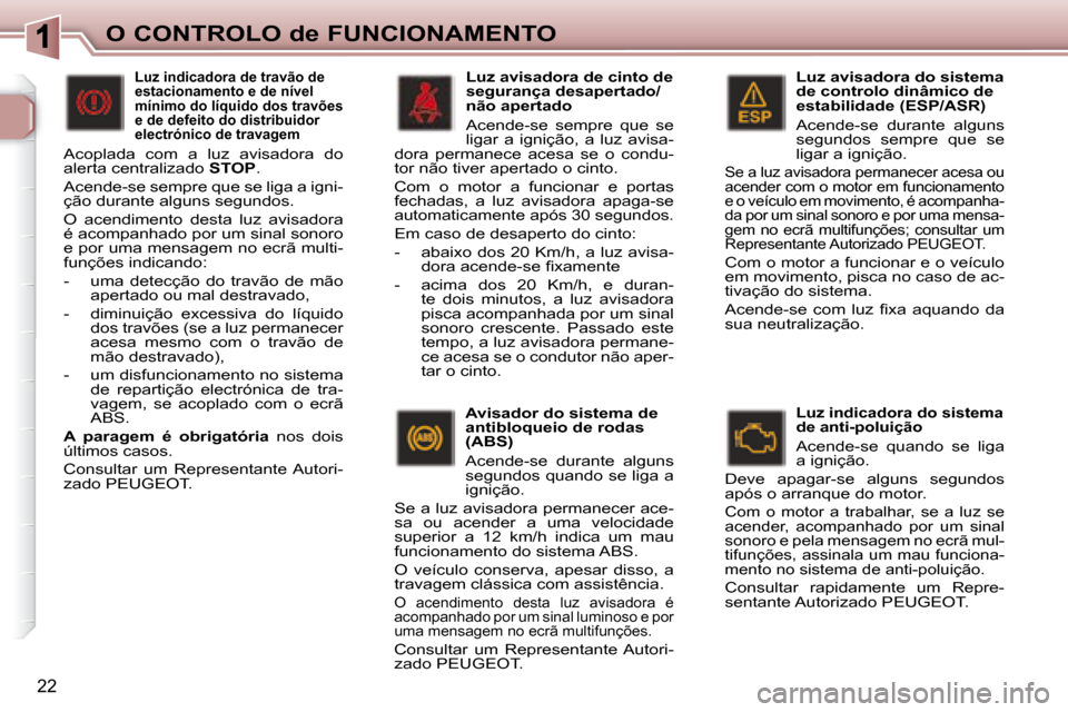 Peugeot 307 SW 2007.5 Manual do proprietário (in Portuguese) 22
O CONTROLO de FUNCIONAMENTO
Luz avisadora do sistema
de controlo dinâmico de
estabilidade (ESP/ASR)
Acende-se durante alguns
segundos sempre que se
ligar a ignição.
Se a luz avis Peugeot 307 SW 2007.5 Manual do proprietário (in Portuguese) 22
O CONTROLO de FUNCIONAMENTO
Luz avisadora do sistema
de controlo dinâmico de
estabilidade (ESP/ASR)
Acende-se durante alguns
segundos sempre que se
ligar a ignição.
Se a luz avis