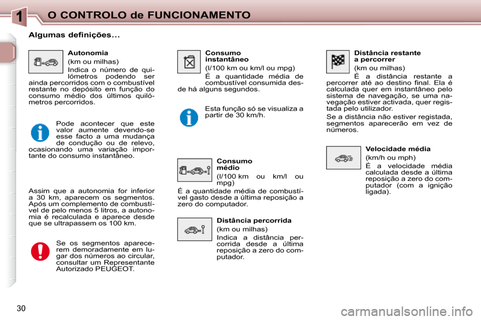 Peugeot 307 SW 2007.5  Manual do proprietário (in Portuguese) 30
O CONTROLO de FUNCIONAMENTO   Distância restante 
a percorrer  
 (km ou milhas)  
 É  a  distância  restante  a 
�p�e�r�c�o�r�r�e�r�  �a�t�é�  �a�o�  �d�e�s�t�i�n�o�  �i� �n�a�l�.�  �E�l�a�  �