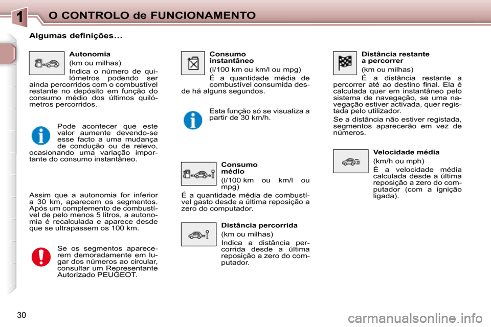 Peugeot 307 SW 2007.5  Manual do proprietário (in Portuguese) 30
O CONTROLO de FUNCIONAMENTO   Distância restante 
a percorrer  
 (km ou milhas)  
 É  a  distância  restante  a 
�p�e�r�c�o�r�r�e�r�  �a�t�é�  �a�o�  �d�e�s�t�i�n�o�  �i� �n�a�l�.�  �E�l�a�  ��