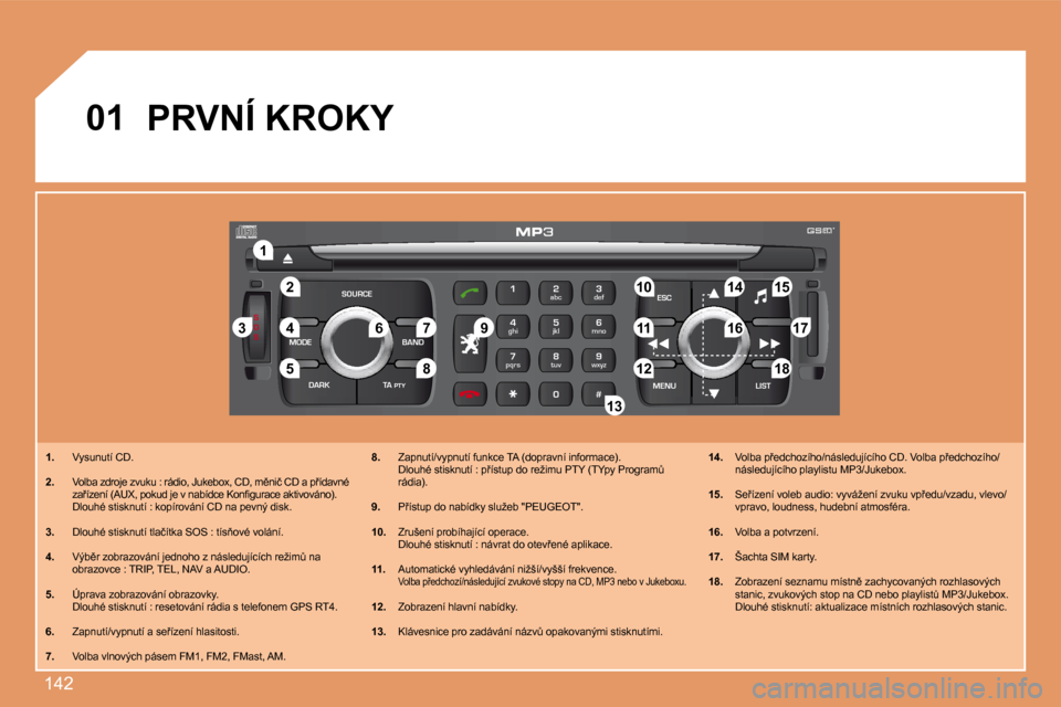 Peugeot 307 SW 2007.5  Návod k obsluze (in Czech) 142
S
O S
SOURCE
MODE BAND ESC
2
abc
5
jkl
8
tuv 3
def
6
mno
9
wxyz
1 4
ghi
7
pqrs
0 # MENU LIST
TA 
PTY
DARK
2
1
5
3 4
89 10 15
11 17 18
12 16
14
7
6
13
01
1. �  �V�y�s�u�n�u�t�í� �C�D�.
2. �  �V�o�