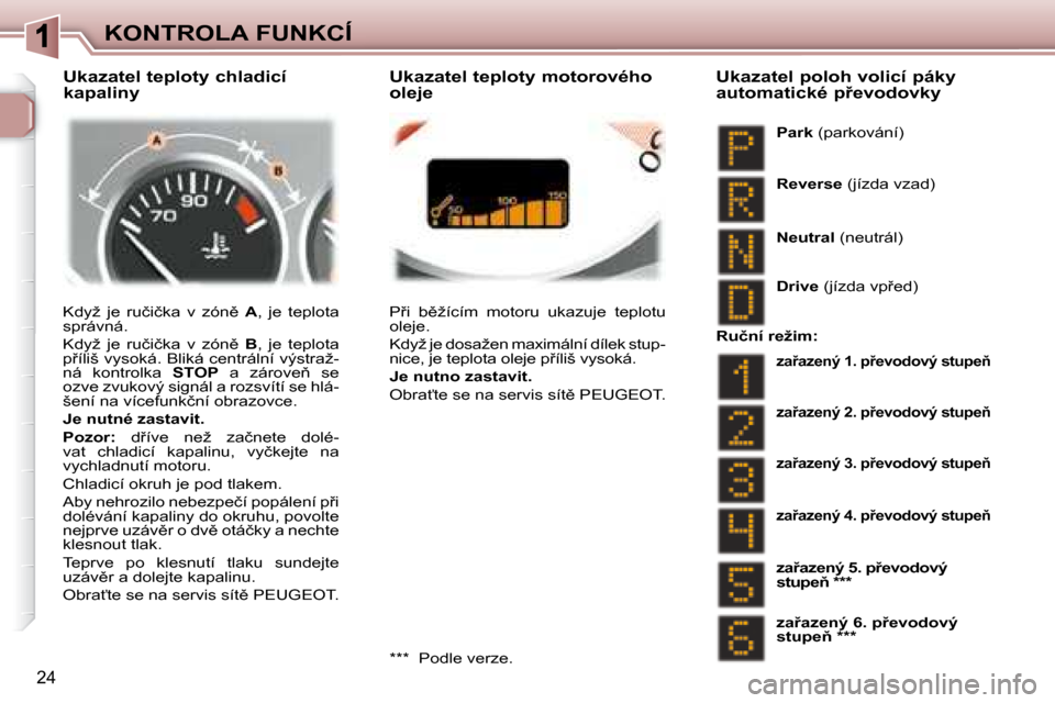 Peugeot 307 SW 2007.5  Návod k obsluze (in Czech) �2�4
�K�O�N�T�R�O�L�A�	�F�U�N�K�C�Í
� �K�d�y�ž�  �j�e�  �r�u�č�i�č�k�a�  �v�  �z�ó�n)�  �  A� �,�  �j�e�  �t�e�p�l�o�t�a� 
�s�p�r�á�v�n�á�.�  
� �K�d�y�ž�  �j�e�  �r�u�č�i�č�k�a�  �v�  �z�