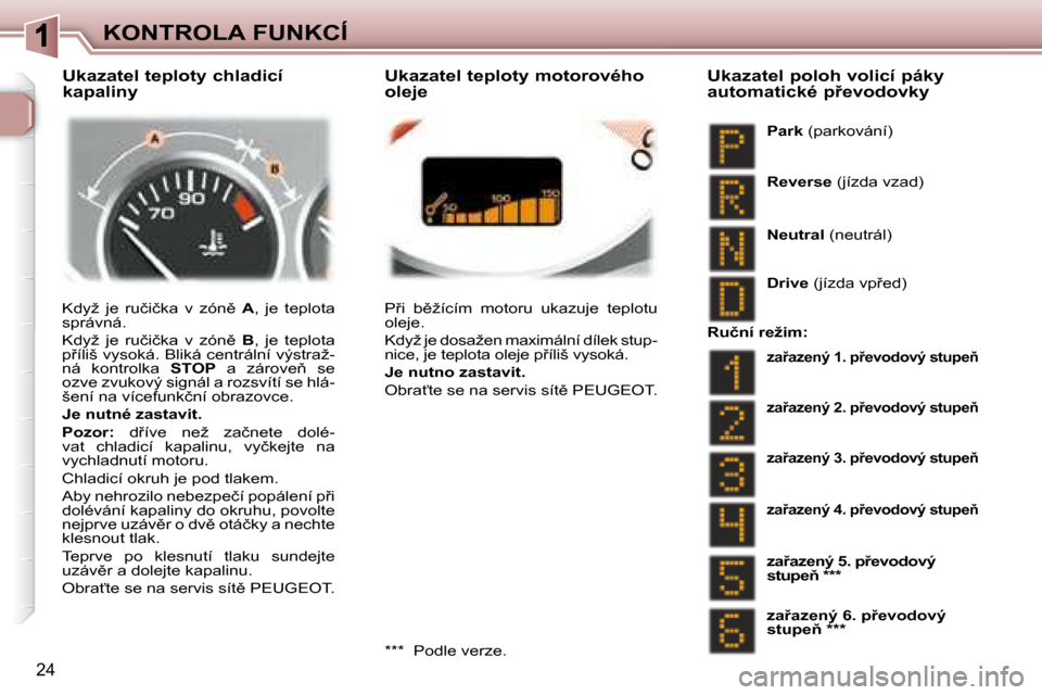 Peugeot 307 SW 2007.5  Návod k obsluze (in Czech) �2�4
�K�O�N�T�R�O�L�A�	�F�U�N�K�C�Í
� �K�d�y�ž�  �j�e�  �r�u�č�i�č�k�a�  �v�  �z�ó�n)�  �  A� �,�  �j�e�  �t�e�p�l�o�t�a� 
�s�p�r�á�v�n�á�.�  
� �K�d�y�ž�  �j�e�  �r�u�č�i�č�k�a�  �v�  �z��