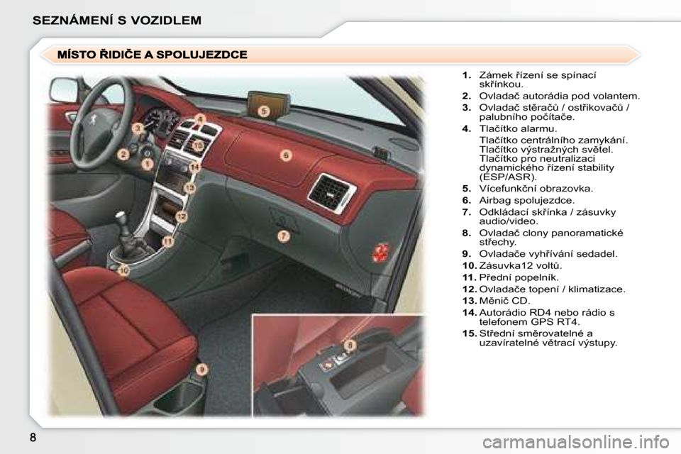 Peugeot 307 SW 2007.5  Návod k obsluze (in Czech) �S�E�Z�N�Á�M�E�N�Í�	�S�	�V�O�Z�I�D�L�E�M
1.�  �Z�á�m�e�k� 9�í�z�e�n�í� �s�e� �s�p�í�n�a�c�í� 
�s�k9�í�n�k�o�u�.
2. �  �O�v�l�a�d�a�č� �a�u�t�o�r�á�d�i�a� �p�o�d� �v�o�l�a�n�t�e�m�.
3. �  �