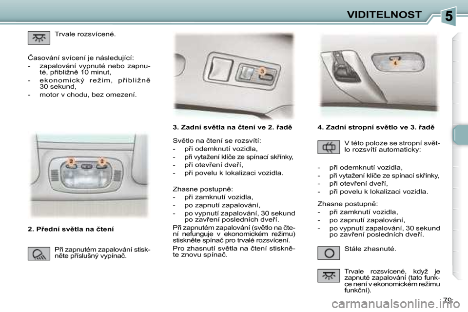 Peugeot 307 SW 2007.5  Návod k obsluze (in Czech) 79
�V�I�D�I�T�E�L�N�O�S�T
�	�	�	�3�.�	�Z�a�d�n�í�	�s�v)�t�l�a�	�n�a�	�č�t�e�n�í�	�v�e�	�2�	�	�.�	9�a�d)�	
� �S�t�á�l�e� �z�h�a�s�n�u�t�é�.� 
� �S�v)�t�l�o� �n�a� �č�t�e�n�í� �s�e� �r�o�z�s�