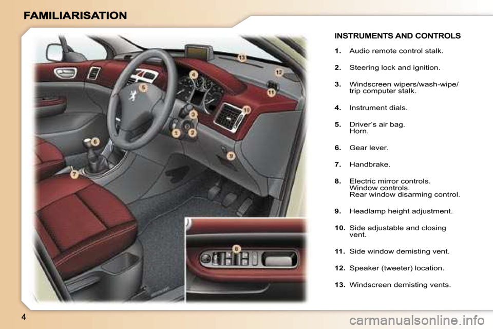 Peugeot 307 SW 2007  Owners Manual �1�.�  �A�u�d�i�o� �r�e�m�o�t�e� �c�o�n�t�r�o�l� �s�t�a�l�k�.
�2�.�  �S�t�e�e�r�i�n�g� �l�o�c�k� �a�n�d� �i�g�n�i�t�i�o�n�.
�3�.�  �W�i�n�d�s�c�r�e�e�n� �w�i�p�e�r�s�/�w�a�s�h�-�w�i�p�e�/�t�r�i�p� �c�