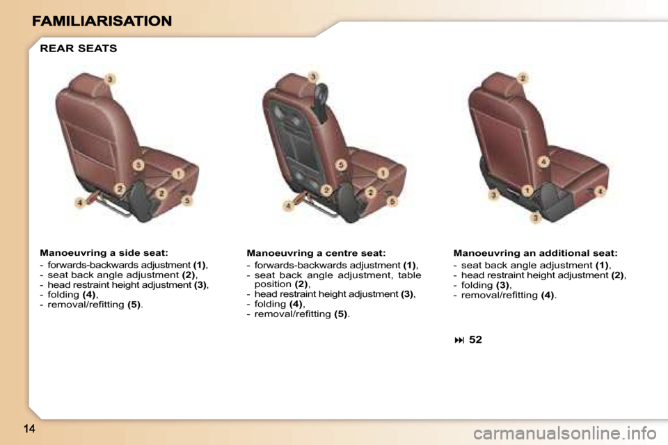 Peugeot 307 SW 2007 User Guide �M�a�n�o�e�u�v�r�i�n�g� �a� �s�i�d�e� �s�e�a�t�:
�-�  �f�o�r�w�a�r�d�s�-�b�a�c�k�w�a�r�d�s� �a�d�j�u�s�t�m�e�n�t� �(�1�)�,�-�  �s�e�a�t� �b�a�c�k� �a�n�g�l�e� �a�d�j�u�s�t�m�e�n�t� �(�2�)�,�-�  �h�e�a