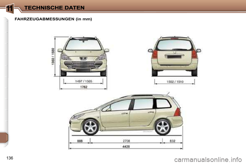 Peugeot 307 SW 2007  Betriebsanleitung (in German) �1
�1�3�6
�F�A�H�R�Z�E�U�G�A�B�M�E�S�S�U�N�G�E�N� �(�i�n� �m�m�)     