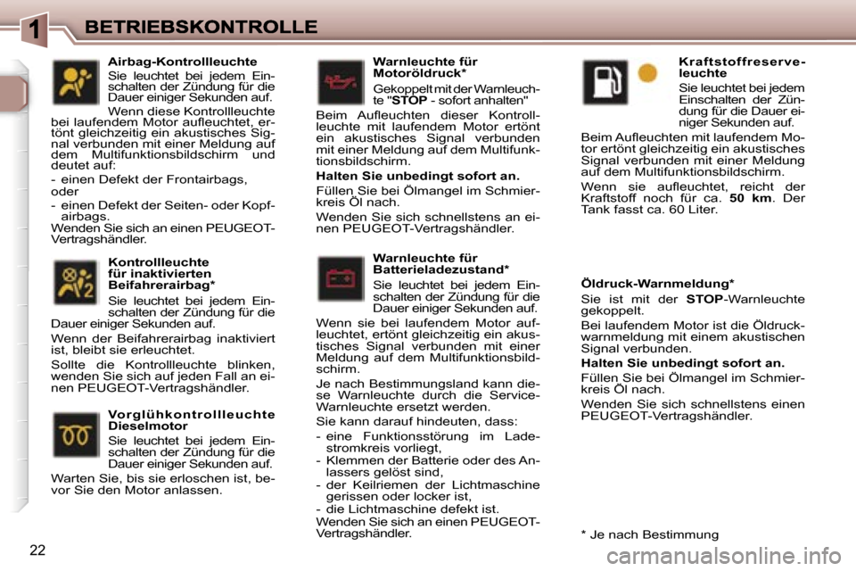 Peugeot 307 SW 2007  Betriebsanleitung (in German) �2�2
�W�a�r�n�l�e�u�c�h�t�e� �f�ü�r� �B�a�t�t�e�r�i�e�l�a�d�e�z�u�s�t�a�n�d�*� 
�S�i�e�  �l�e�u�c�h�t�e�t�  �b�e�i�  �j�e�d�e�m�  �E�i�n�-�s�c�h�a�l�t�e�n� �d�e�r� �Z�ü�n�d�u�n�g� �f�ü�r� �d�i�e� �