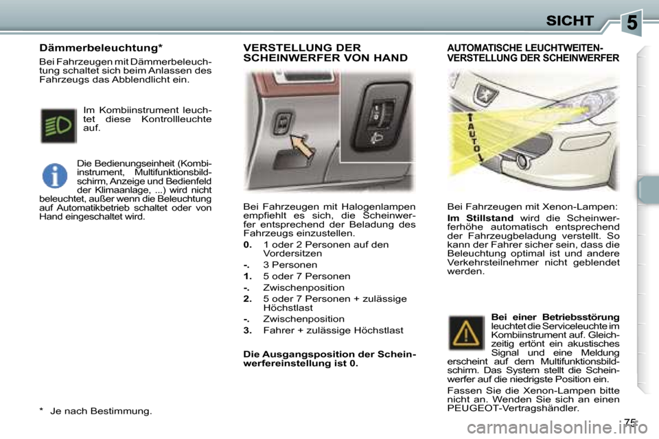 Peugeot 307 SW 2007  Betriebsanleitung (in German) �7�5
�B�e�i�  �F�a�h�r�z�e�u�g�e�n�  �m�i�t�  �H�a�l�o�g�e�n�l�a�m�p�e�n� �e�m�p�ﬁ�e�h�l�t�  �e�s�  �s�i�c�h�,�  �d�i�e�  �S�c�h�e�i�n�w�e�r�-�f�e�r�  �e�n�t�s�p�r�e�c�h�e�n�d�  �d�e�r�  �B�e�l�a�d�
