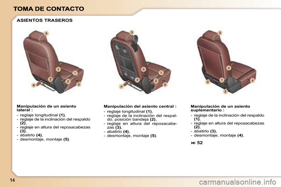 Peugeot 307 SW 2007  Manual del propietario (in Spanish) �M�a�n�i�p�u�l�a�c�i�ó�n� �d�e� �u�n� �a�s�i�e�n�t�o� �l�a�t�e�r�a�l� �:
�-�  �r�e�g�l�a�j�e� �l�o�n�g�i�t�u�d�i�n�a�l� �(�1�)�,�-�  �r�e�g�l�a�j�e� �d�e� �l�a� �i�n�c�l�i�n�a�c�i�ó�n� �d�e�l� �r�e�