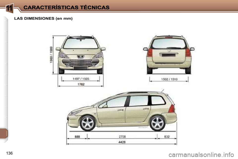 Peugeot 307 SW 2007  Manual del propietario (in Spanish) �1
�1�3�6
�L�A�S� �D�I�M�E�N�S�I�O�N�E�S� �(�e�n� �m�m�)     