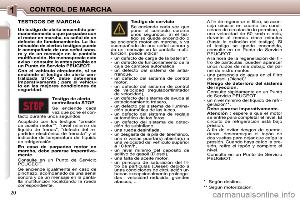 Peugeot 307 SW 2007  Manual del propietario (in Spanish) �2�0
�T�E�S�T�I�G�O�S� �D�E� �M�A�R�C�H�A
�U�n� �t�e�s�t�i�g�o� �d�e� �a�l�e�r�t�a� �e�n�c�e�n�d�i�d�o� �p�e�r�-�m�a�n�e�n�t�e�m�e�n�t�e� �o� �q�u�e� �p�a�r�p�a�d�e�e� �c�o�n� �e�l� �m�o�t�o�r� �e�n� 
