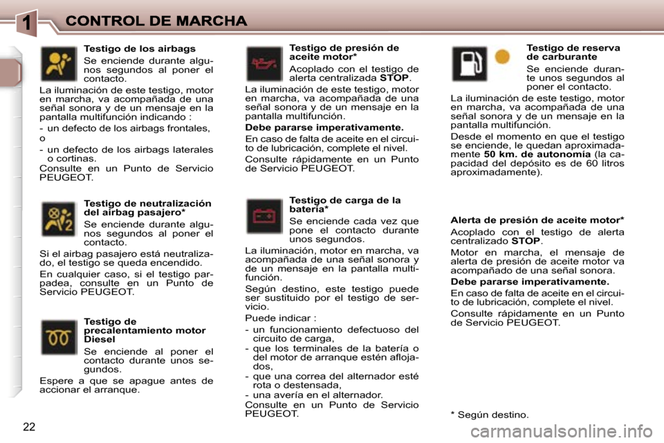 Peugeot 307 SW 2007  Manual del propietario (in Spanish) �2�2
�T�e�s�t�i�g�o� �d�e� �c�a�r�g�a� �d�e� �l�a� �b�a�t�e�r�í�a�*
�S�e�  �e�n�c�i�e�n�d�e�  �c�a�d�a�  �v�e�z�  �q�u�e� �p�o�n�e�  �e�l�  �c�o�n�t�a�c�t�o�  �d�u�r�a�n�t�e� �u�n�o�s� �s�e�g�u�n�d�o