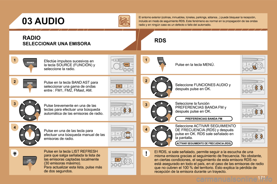 Peugeot 307 SW 2007  Manual del propietario (in Spanish) �1�7�1
�1�1
�2�2
�3�3
�4�4
�2�2
�4�4
�3�3
�1�1
�0�3� �A�U�D�I�O
�R�A�D�I�O
�S�E�L�E�C�C�I�O�N�A�R� �U�N�A� �E�M�I�S�O�R�A
�E�f�e�c�t�ú�e� �i�m�p�u�l�s�o�s� �s�u�c�e�s�i�v�o�s� �e�n� �l�a� �t�e�c�l�a�