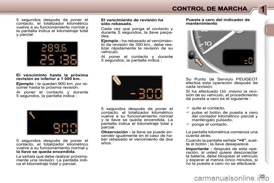 Peugeot 307 SW 2007  Manual del propietario (in Spanish) �2�5
�5�  �s�e�g�u�n�d�o�s�  �d�e�s�p�u�é�s�  �d�e�  �p�o�n�e�r�  �e�l� �c�o�n�t�a�c�t�o�,�  �e�l�  �t�o�t�a�l�i�z�a�d�o�r�  �k�i�l�o�m�é�t�r�i�c�o� �v�u�e�l�v�e� �a� �s�u� �f�u�n�c�i�o�n�a�m�i�e�n�