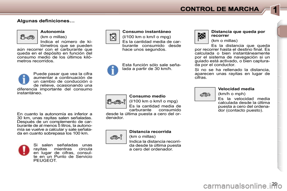 Peugeot 307 SW 2007  Manual del propietario (in Spanish) �2�9
�D�i�s�t�a�n�c�i�a� �q�u�e� �q�u�e�d�a� �p�o�r� �r�e�c�o�r�r�e�r
�(�k�m� �o� �m�i�l�l�a�s�)
�E�s�  �l�a�  �d�i�s�t�a�n�c�i�a�  �q�u�e�  �q�u�e�d�a� �p�o�r� �r�e�c�o�r�r�e�r� �h�a�s�t�a� �e�l� �d�