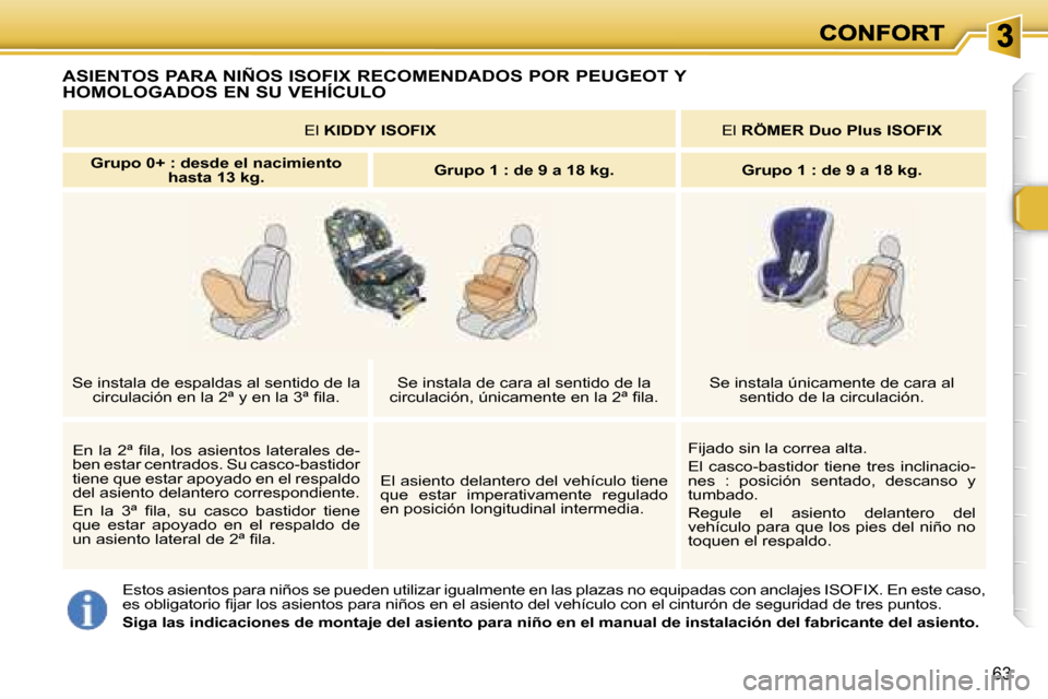 Peugeot 307 SW 2007  Manual del propietario (in Spanish) �6�3
�A�S�I�E�N�T�O�S� �P�A�R�A� �N�I�Ñ�O�S� �I�S�O�F�I�X� �R�E�C�O�M�E�N�D�A�D�O�S� �P�O�R� �P�E�U�G�E�O�T� �Y�  
�H�O�M�O�L�O�G�A�D�O�S� �E�N� �S�U� �V�E�H�Í�C�U�L�O
�E�s�t�o�s� �a�s�i�e�n�t�o�s� 