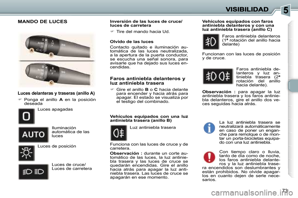 Peugeot 307 SW 2007  Manual del propietario (in Spanish) �7�3
�L�u�c�e�s� �d�e�l�a�n�t�e�r�a�s� �y� �t�r�a�s�e�r�a�s� �(�a�n�i�l�l�o� �A�)
��  �P�o�n�g�a�  �e�l�  �a�n�i�l�l�o� �A�  �e�n�  �l�a�  �p�o�s�i�c�i�ó�n� �d�e�s�e�a�d�a
�I�n�v�e�r�s�i�ó�n� �d�