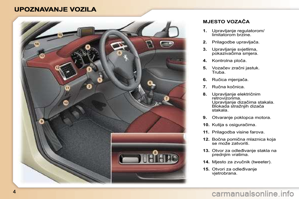 Peugeot 307 SW 2007  Vodič za korisnike (in Croatian) �1�.�  �U�p�r�a�v�l�j�a�n�j�e� �r�e�g�u�l�a�t�o�r�o�m�/�l�i�m�i�t�a�t�o�r�o�m� �b�r�z�i�n�e�.
�2�.�  �P�r�i�l�a�g�o�d�b�e� �u�p�r�a�v�l�j�a�č�a�.
�3�.�  �U�p�r�a�v�l�j�a�n�j�e� �s�v�j�e�t�l�i�m�a�,� 