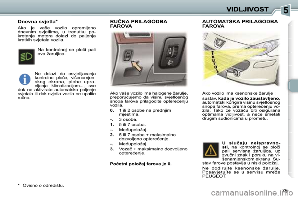 Peugeot 307 SW 2007  Vodič za korisnike (in Croatian) �7�5
�A�k�o� �v�a�š�e� �v�o�z�i�l�o� �i�m�a� �h�a�l�o�g�e�n�e� �ž�a�r�u�l�j�e�,� �p�r�e�p�o�r�u�č�u�j�e�m�o�  �d�a�  �v�i�s�i�n�u�  �s�v�j�e�t�l�o�s�n�o�g� �s�n�o�p�a�  �f�a�r�o�v�a�  �p�r�i�l�a�g�