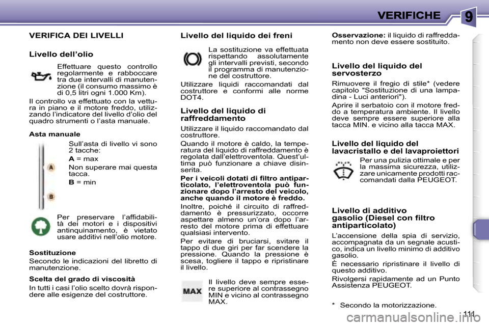 Peugeot 307 SW 2007  Manuale del proprietario (in Italian) �1�1�1
�V�E�R�I�F�I�C�A� �D�E�I� �L�I�V�E�L�L�I
�S�u�l�l�’�a�s�t�a� �d�i� �l�i�v�e�l�l�o� �v�i� �s�o�n�o� �2� �t�a�c�c�h�e�:
�A� �=� �m�a�x
�N�o�n� �s�u�p�e�r�a�r�e� �m�a�i� �q�u�e�s�t�a� �t�a�c�c�a