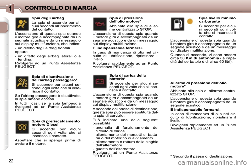 Peugeot 307 SW 2007  Manuale del proprietario (in Italian) �2�2
�S�p�i�a� �d�i� �c�a�r�i�c�a� �d�e�l�l�a� �b�a�t�t�e�r�i�a�*
�S�i�  �a�c�c�e�n�d�e�  �p�e�r�  �a�l�c�u�n�i�  �s�e�-�c�o�n�d�i� �o�g�n�i� �v�o�l�t�a� �c�h�e� �s�i� �i�n�s�e�-�r�i�s�c�e� �i�l� �c�o