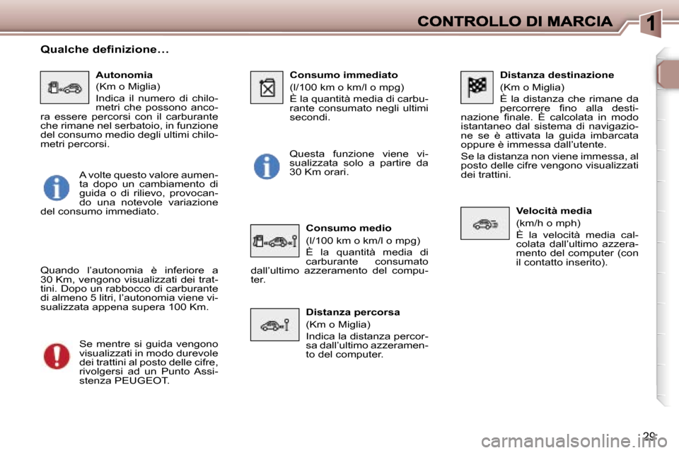 Peugeot 307 SW 2007  Manuale del proprietario (in Italian) �2�9
�D�i�s�t�a�n�z�a� �d�e�s�t�i�n�a�z�i�o�n�e
�(�K�m� �o� �M�i�g�l�i�a�)
�È�  �l�a�  �d�i�s�t�a�n�z�a�  �c�h�e�  �r�i�m�a�n�e�  �d�a� �p�e�r�c�o�r�r�e�r�e�  �f�i�n�o�  �a�l�l�a�  �d�e�s�t�i�-�n�a�z