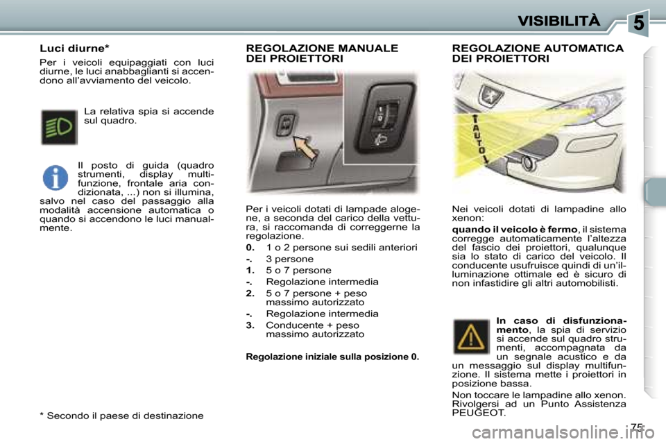 Peugeot 307 SW 2007  Manuale del proprietario (in Italian) �7�5
�P�e�r� �i� �v�e�i�c�o�l�i� �d�o�t�a�t�i� �d�i� �l�a�m�p�a�d�e� �a�l�o�g�e�-�n�e�,� �a� �s�e�c�o�n�d�a� �d�e�l� �c�a�r�i�c�o� �d�e�l�l�a� �v�e�t�t�u�-�r�a�,�  �s�i�  �r�a�c�c�o�m�a�n�d�a�  �d�i� 