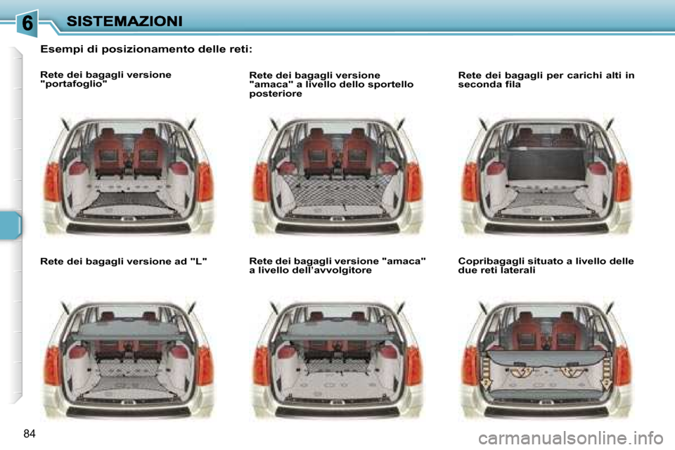 Peugeot 307 SW 2007  Manuale del proprietario (in Italian) �8�4
�E�s�e�m�p�i� �d�i� �p�o�s�i�z�i�o�n�a�m�e�n�t�o� �d�e�l�l�e� �r�e�t�i�:
�R�e�t�e� �d�e�i� �b�a�g�a�g�l�i� �v�e�r�s�i�o�n�e� �"�p�o�r�t�a�f�o�g�l�i�o�"
�R�e�t�e� �d�e�i� �b�a�g�a�g�l�i� �v�e�r�s�