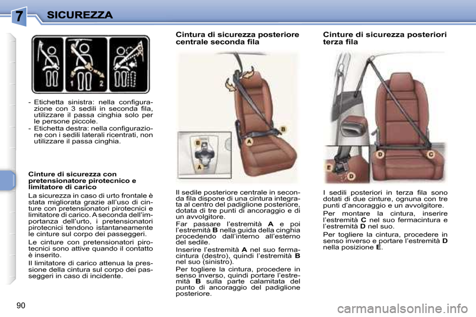Peugeot 307 SW 2007  Manuale del proprietario (in Italian) �9�0
�-�  �E�t�i�c�h�e�t�t�a�  �s�i�n�i�s�t�r�a�:�  �n�e�l�l�a�  �c�o�n�f�i�g�u�r�a�-�z�i�o�n�e�  �c�o�n�  �3�  �s�e�d�i�l�i�  �i�n�  �s�e�c�o�n�d�a�  �f�i�l�a�,� �u�t�i�l�i�z�z�a�r�e�  �i�l�  �p�a�s�